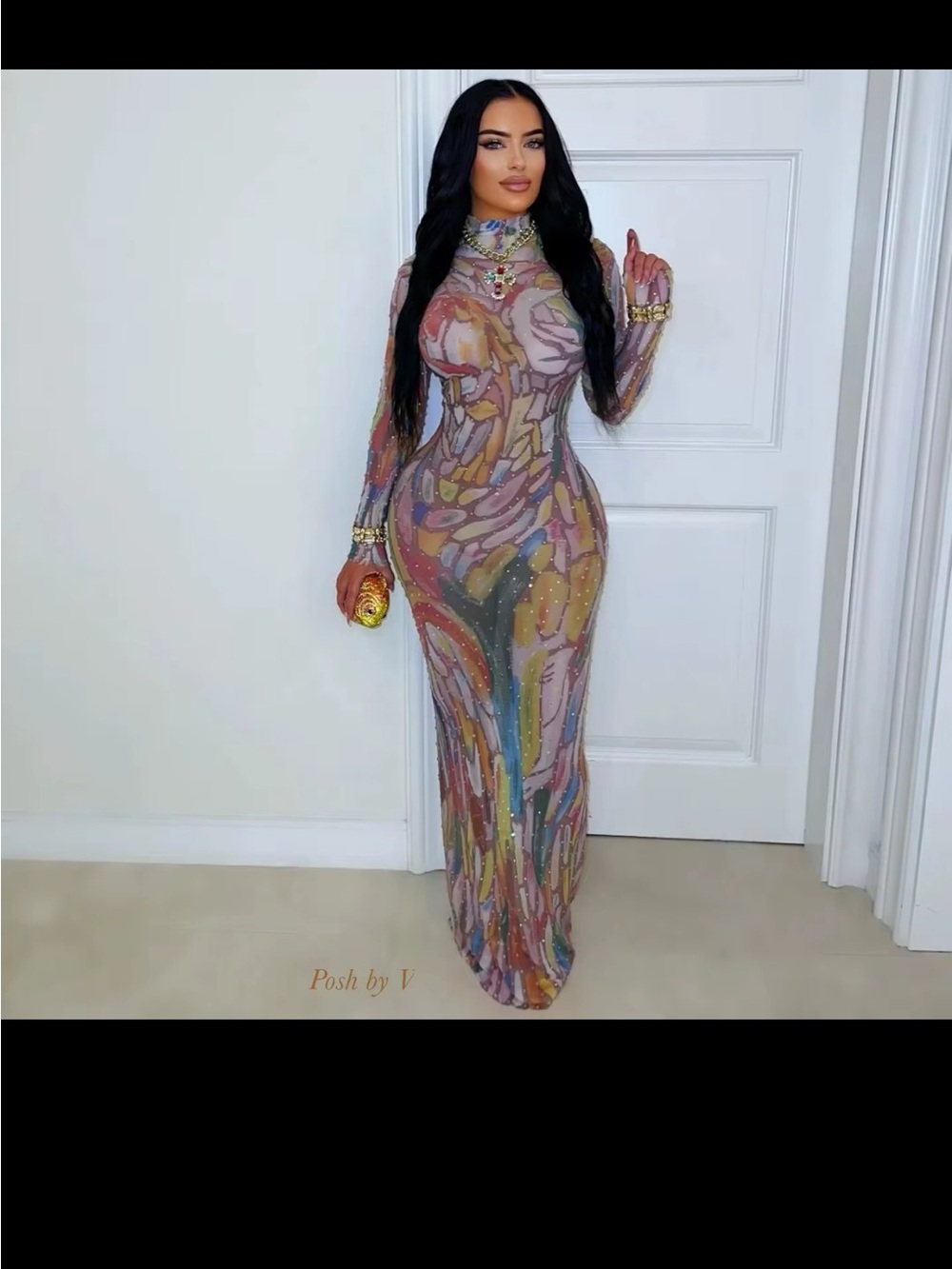 Multicolor Long Sleeve Bodycon Maxi Dress